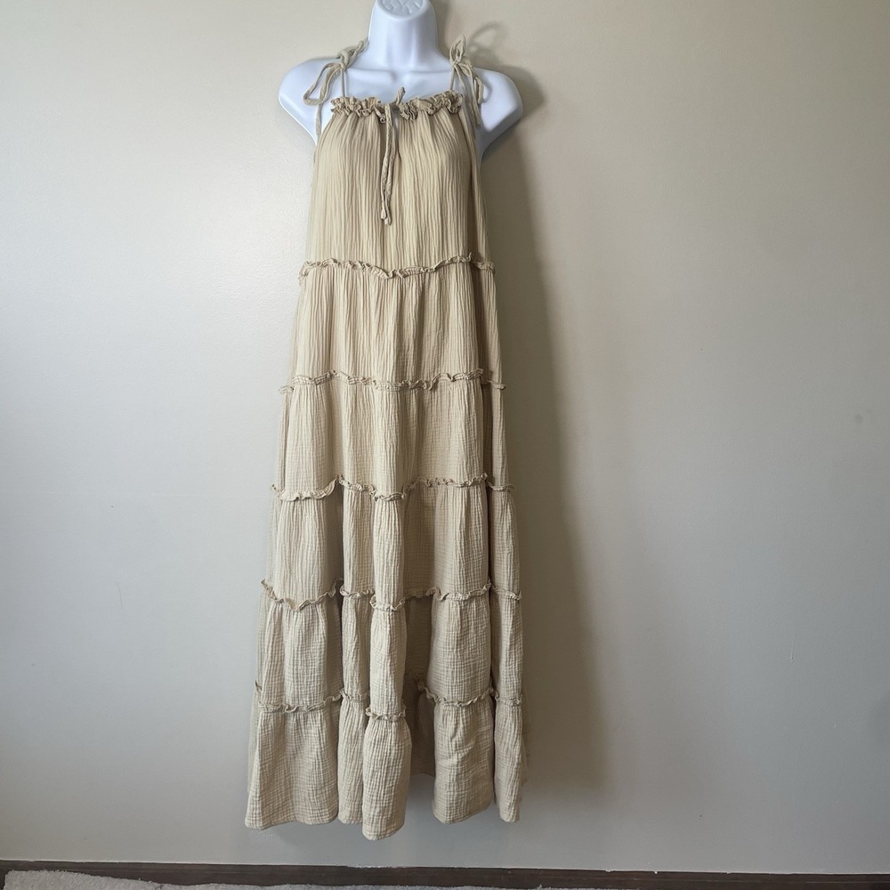 Anthropologie Charlie Holiday Senorita Maxi Dress Sz 8 Tan‎ Boho Tiered Sundress - Picture 2 of 9